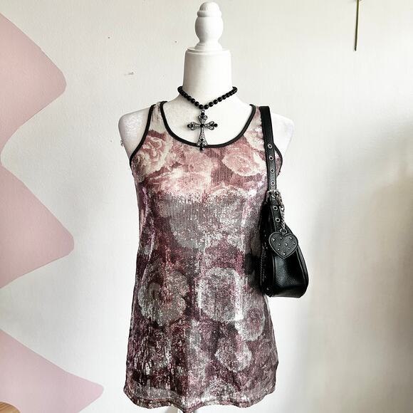 Pink‎ Sequin Floral Tank Top, Y2K Coquette 2000s Glam Maximalist Mc Bling Small - Picture 1 of 5